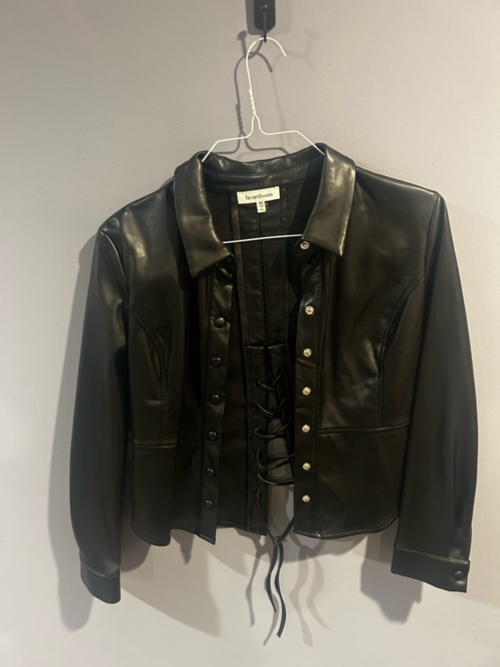 Heartloom Black Leather Button-Front Shacket with Lace-Up Back